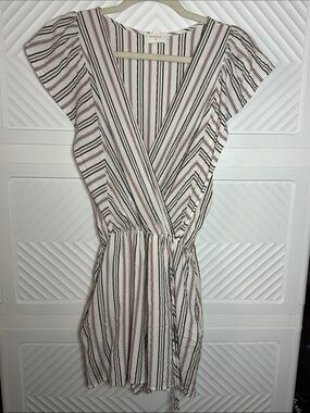 Everly Striped Wrap Romper in Cream, Black & Rust shorts